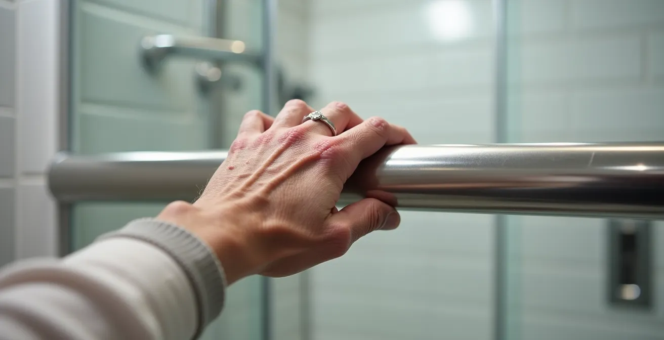 Gros plan sur une main âgée touchant une barre d'appui chromée dans une salle de bain moderne adaptée