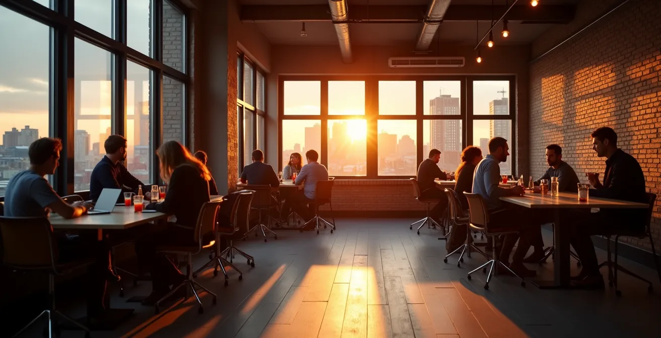 Vue environnementale d'un espace de coworking montréalais lors d'un événement de réseautage