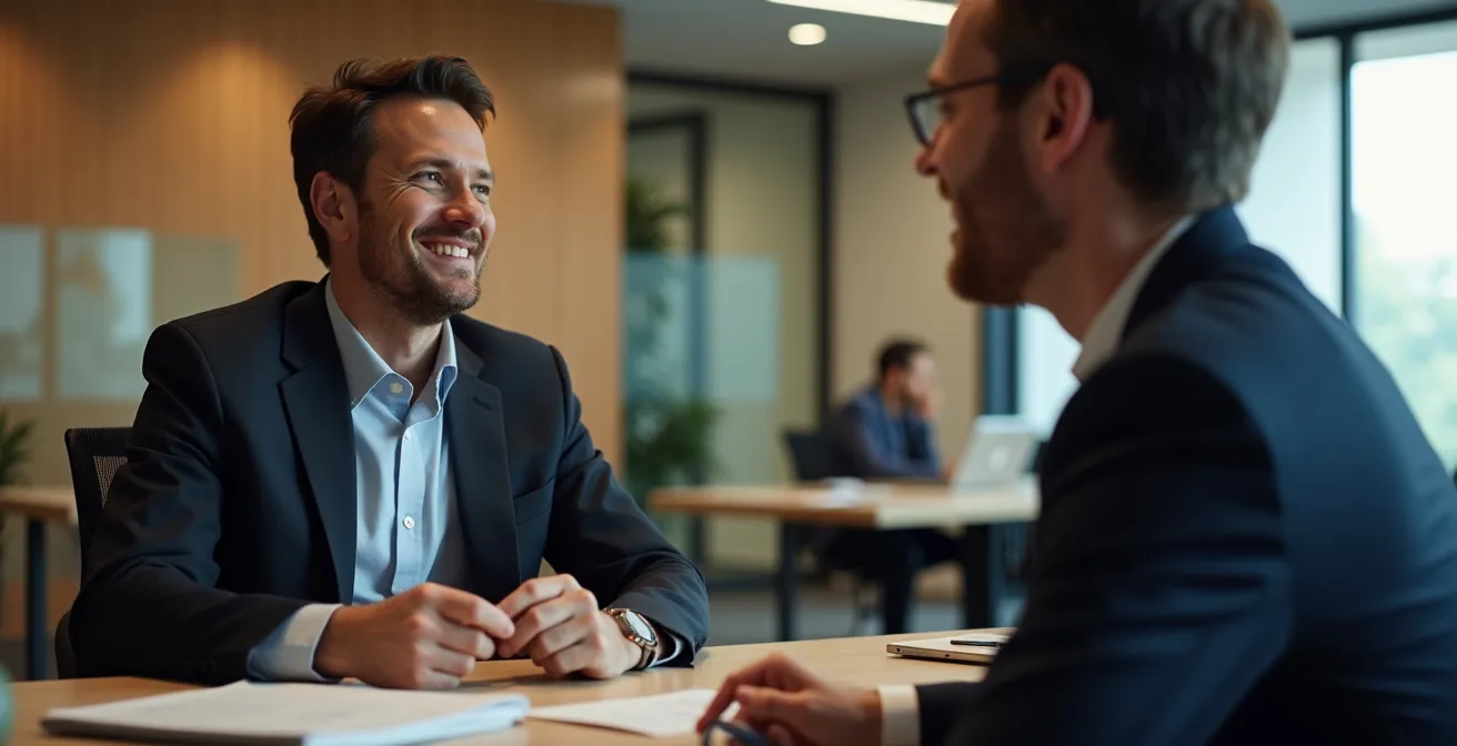 Rencontre professionnelle entre un entrepreneur et un conseiller financier dans un bureau moderne
