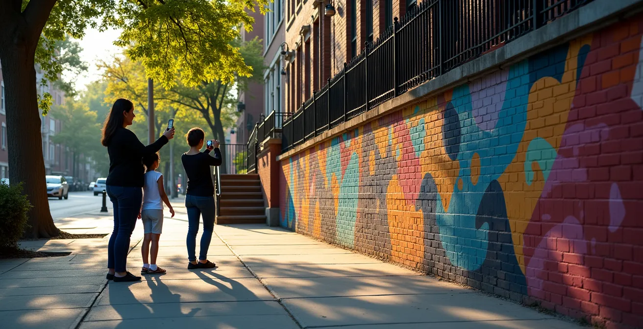 Rue résidentielle tranquille du Plateau avec une murale colorée sur un mur de brique et des passants qui la découvrent