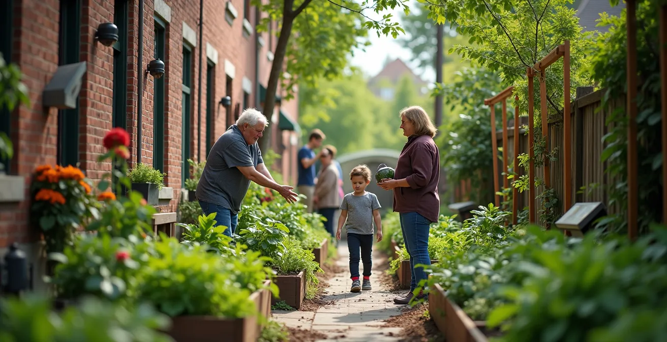 Ruelle verte du Plateau avec jardins communautaires et résidents qui jardinent ensemble dans une ambiance conviviale