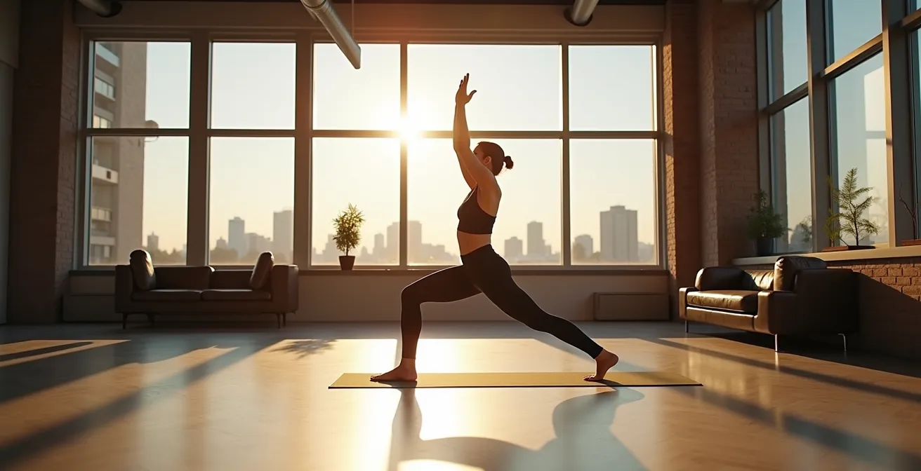 Séquence de yoga Vinyasa matinale dans un appartement urbain canadien