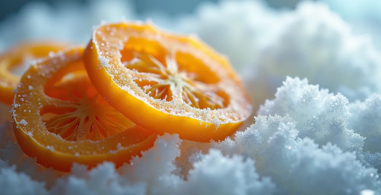 Vue macro de matières organiques congelées dans un contenant réutilisable