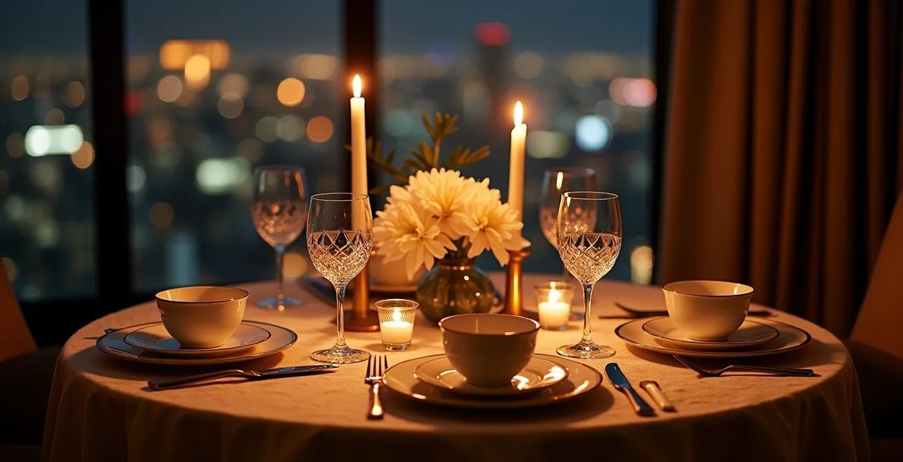 Table élégamment dressée pour deux dans une suite d'hôtel avec chandelles et vue nocturne