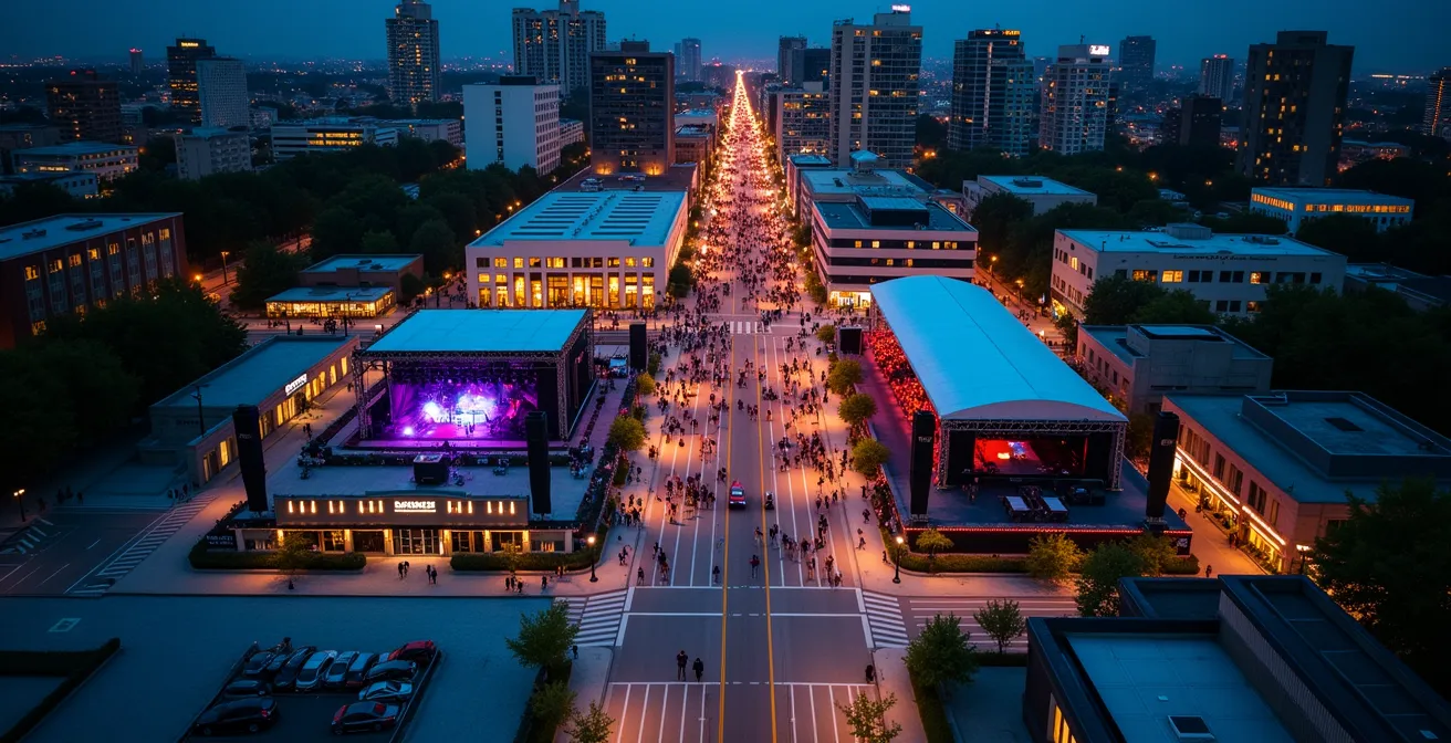 Vue aérienne du Quartier des Spectacles avec plusieurs scènes de festival illuminées