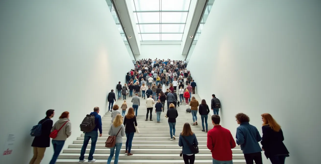 Intérieur d'un musée montréalais avec visiteurs dispersés dans les étages supérieurs