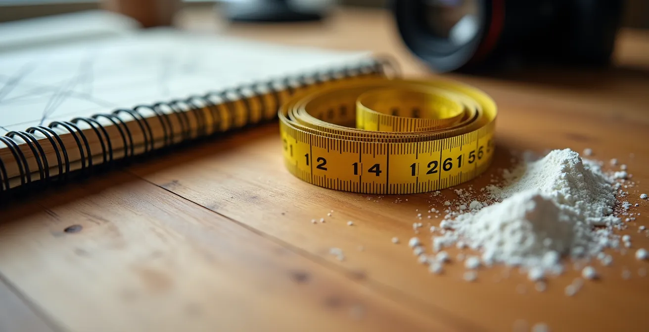 Arrangement minimaliste d'outils de mesure de progression physique sur surface en bois canadien