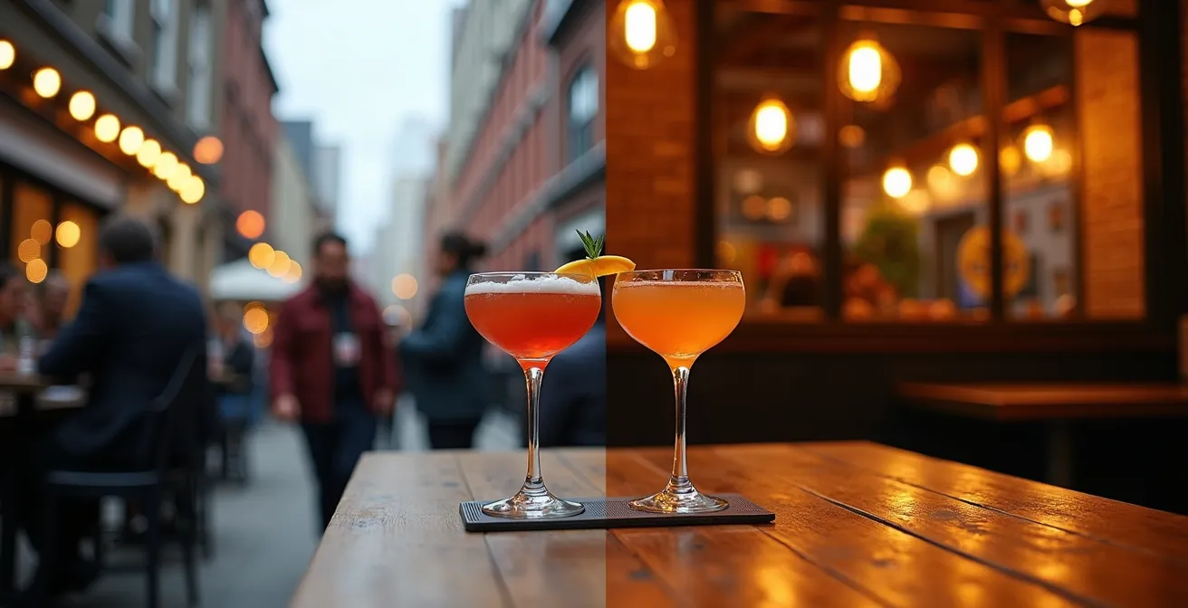 Comparaison visuelle des ambiances de terrasses entre le Plateau et Saint-Henri au coucher du soleil