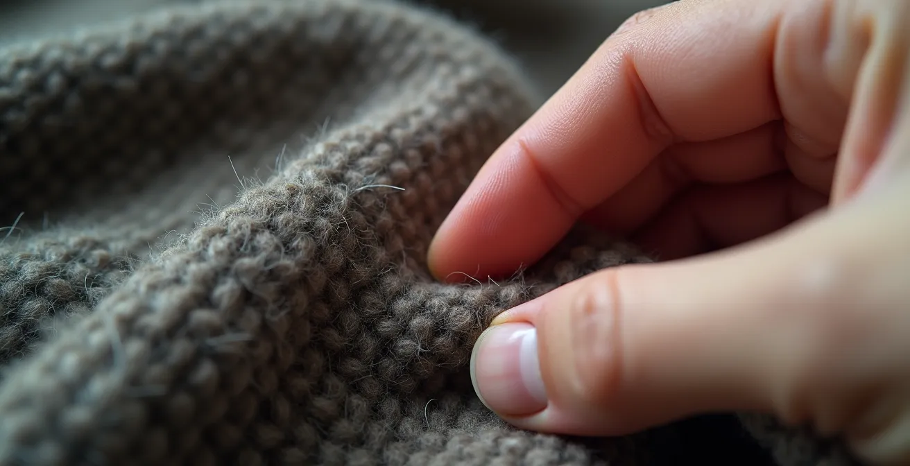 Mains expertes examinant la texture d'un tissu vintage sous lumière naturelle