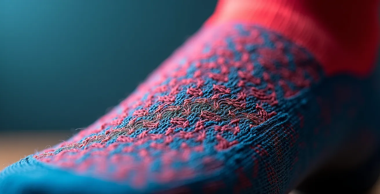 Gros plan macro sur des fibres techniques de chaussettes de course montrant la structure du tissage