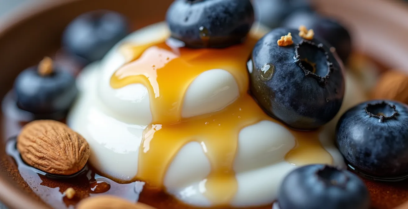 Gros plan sur une collation protéinée naturelle avec yogourt grec et fruits