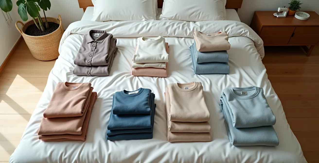 Vue aérienne d'un lit avec des vêtements triés en piles organisées par catégorie