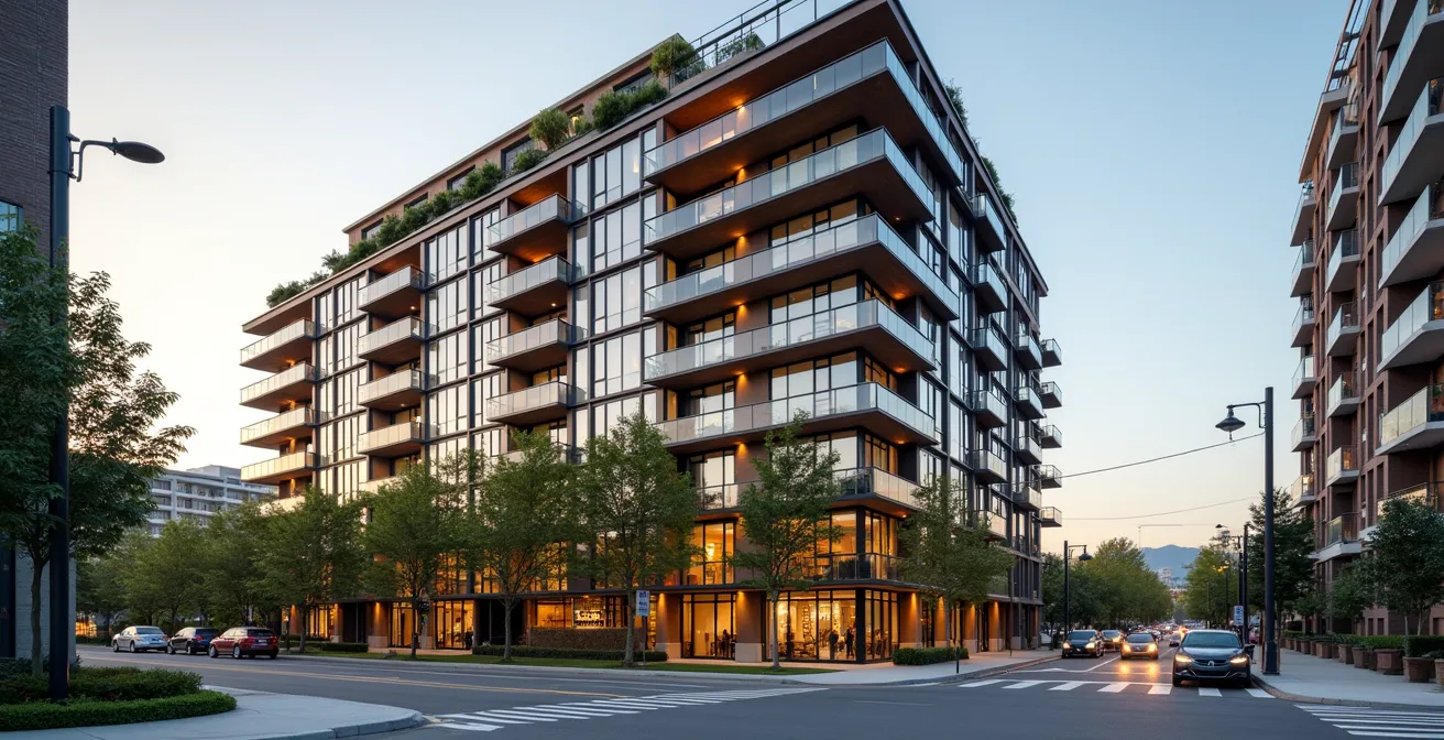 Vue architecturale montrant les différents étages d'un immeuble de condos neuf à Montréal