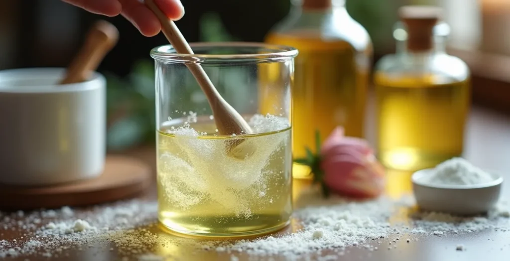 Préparation de cosmétique naturel avec hydrolat et conservateur dans un laboratoire artisanal Préparation de cosmétique naturel avec hydrolat et conservateur dans un laboratoire artisanal